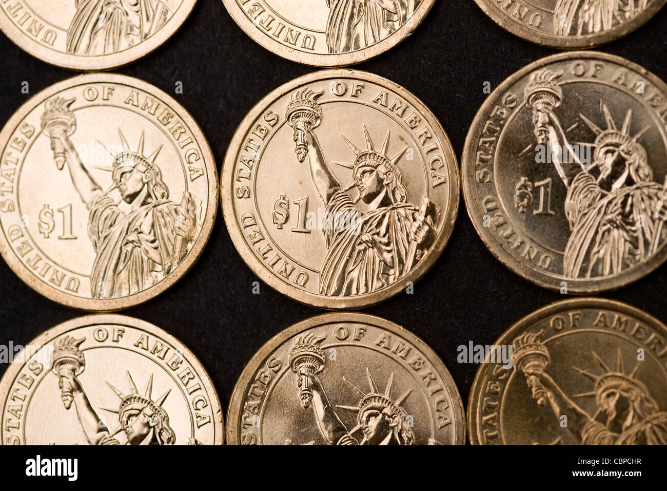 United States one dollar coins.  Stock Photo