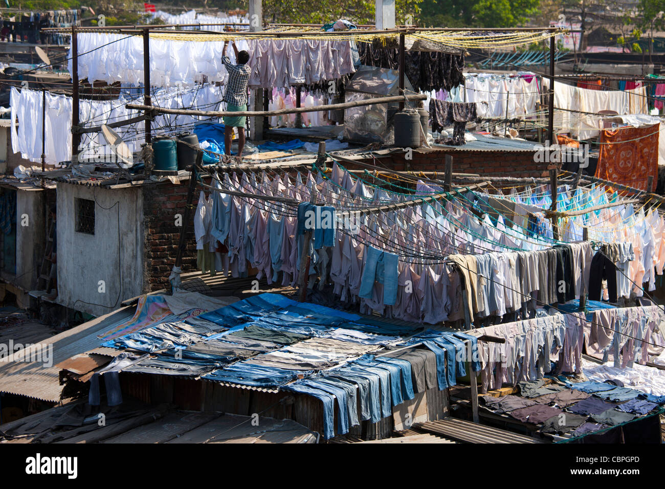 Traditional Indian professional hand laundry, Dhobi Ghat, in Mahalaxmi area of Mumbai, India Stock Photo