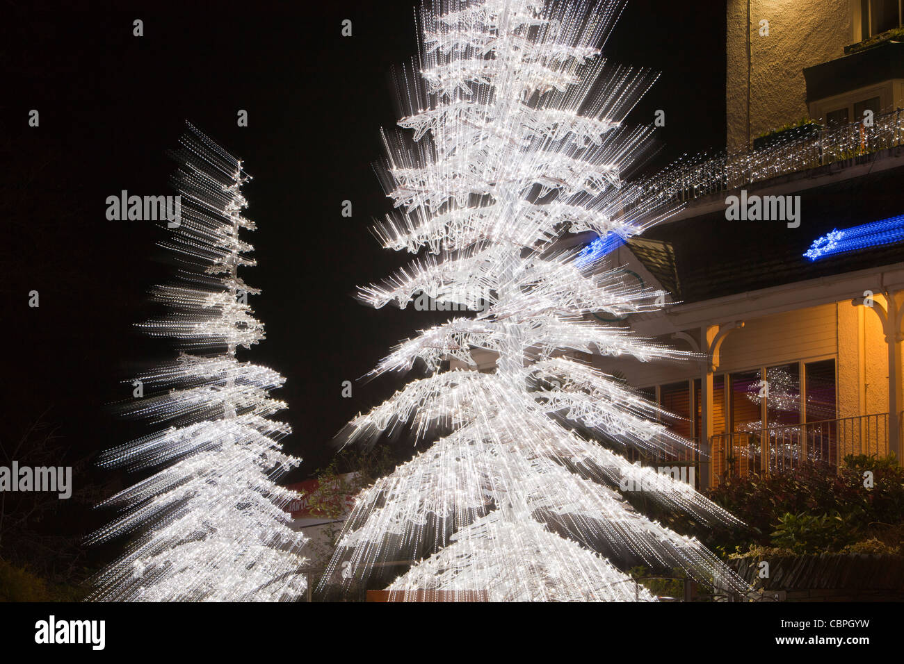 A christmas tree and decorations in the centre of Ambleside, Lake District, UK. Stock Photo