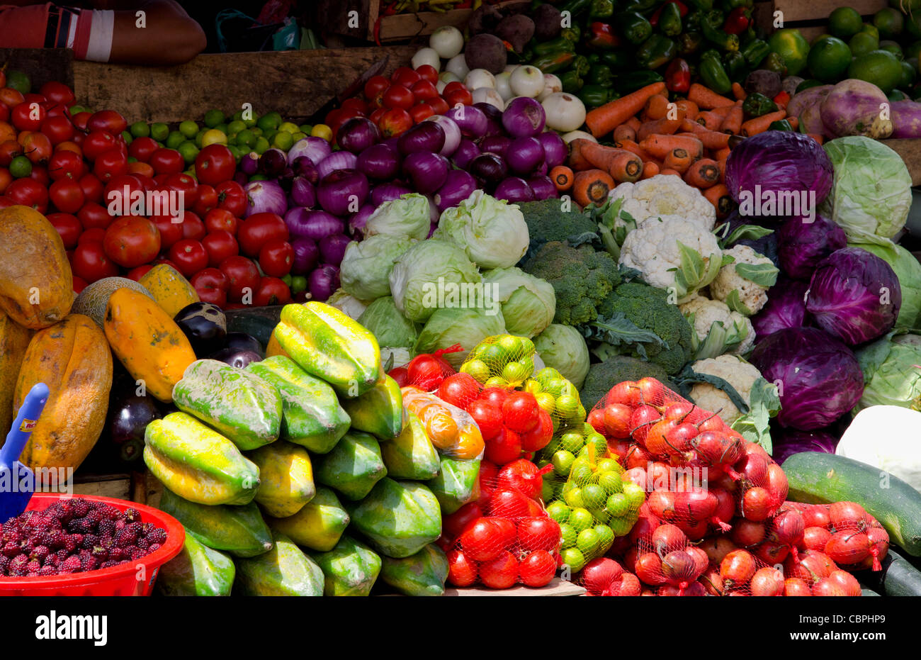 Close up of fruits and vegetables in market in small village of Otavalo