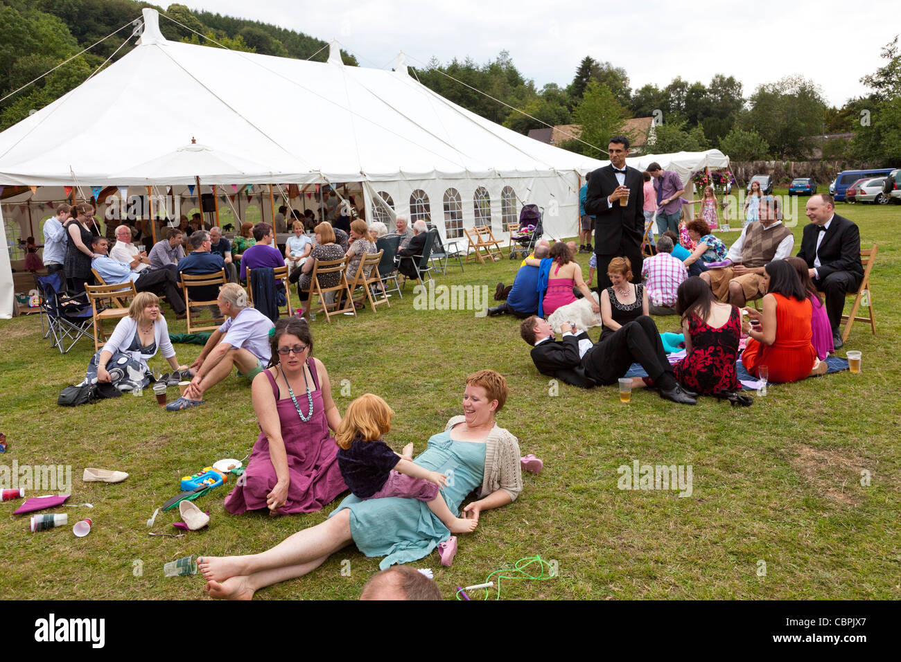 Wedding party with marquee Wales UK Stock Photo