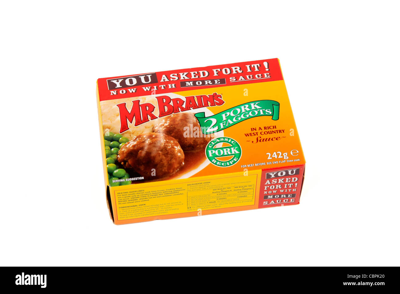 Mr Brains Pork Faggots box on a white background Stock Photo
