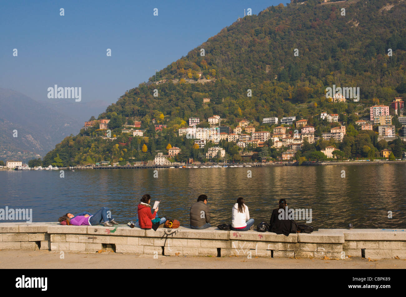 People by Lago di Como the Como lake at Como town Lombardy region Italy Europe Stock Photo
