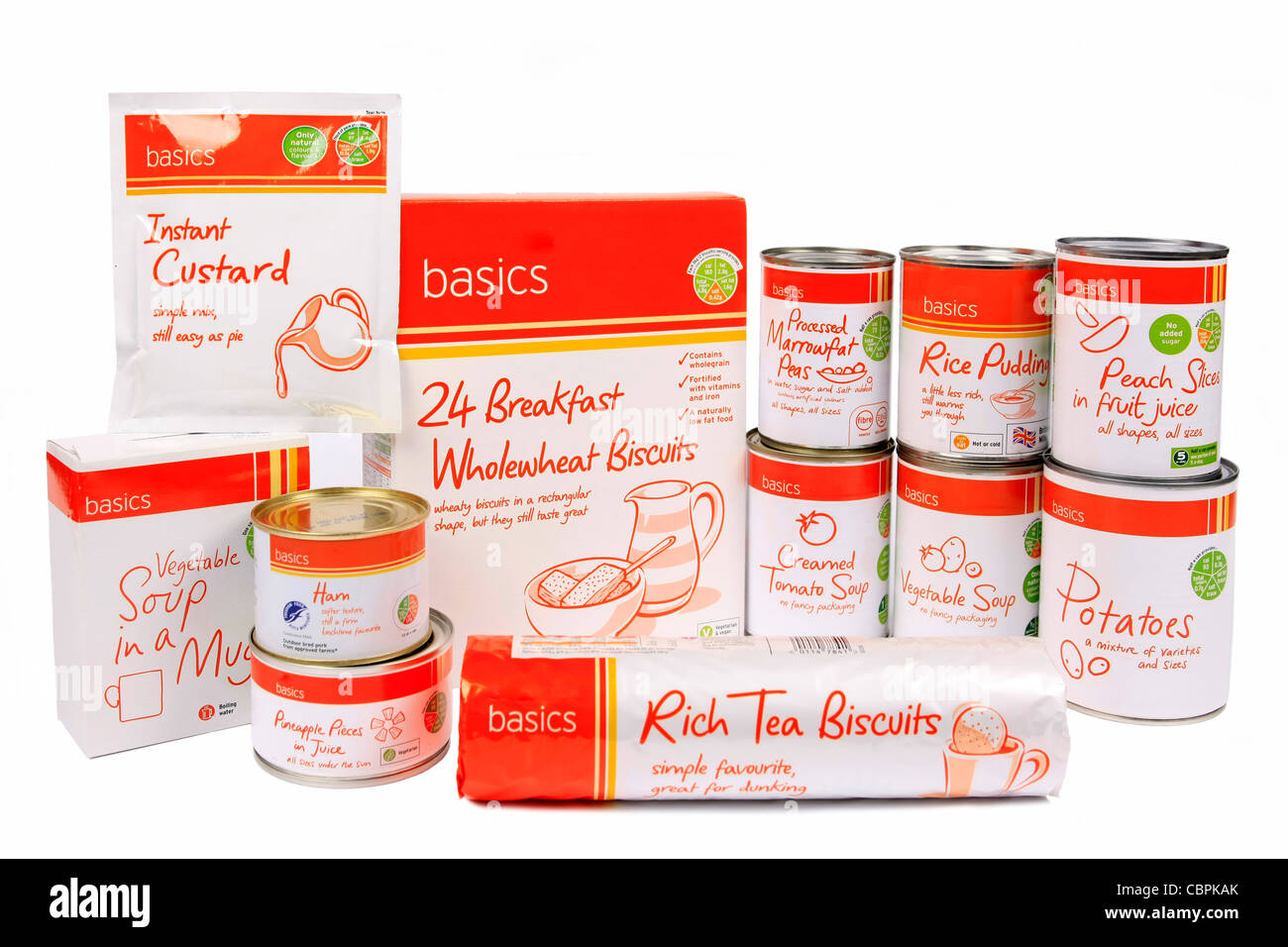 Cheap Basic canned and packet foods on offer at a supermarket for