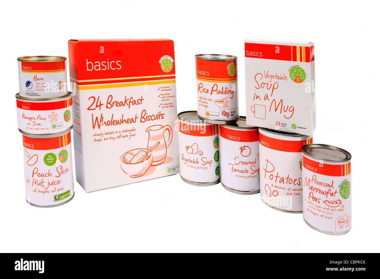 Cheap Basic canned and packet foods on offer at a supermarket for