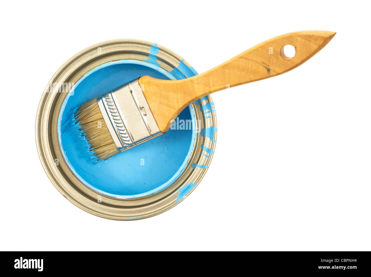 Blue paint in can with paintbrush Stock Photo