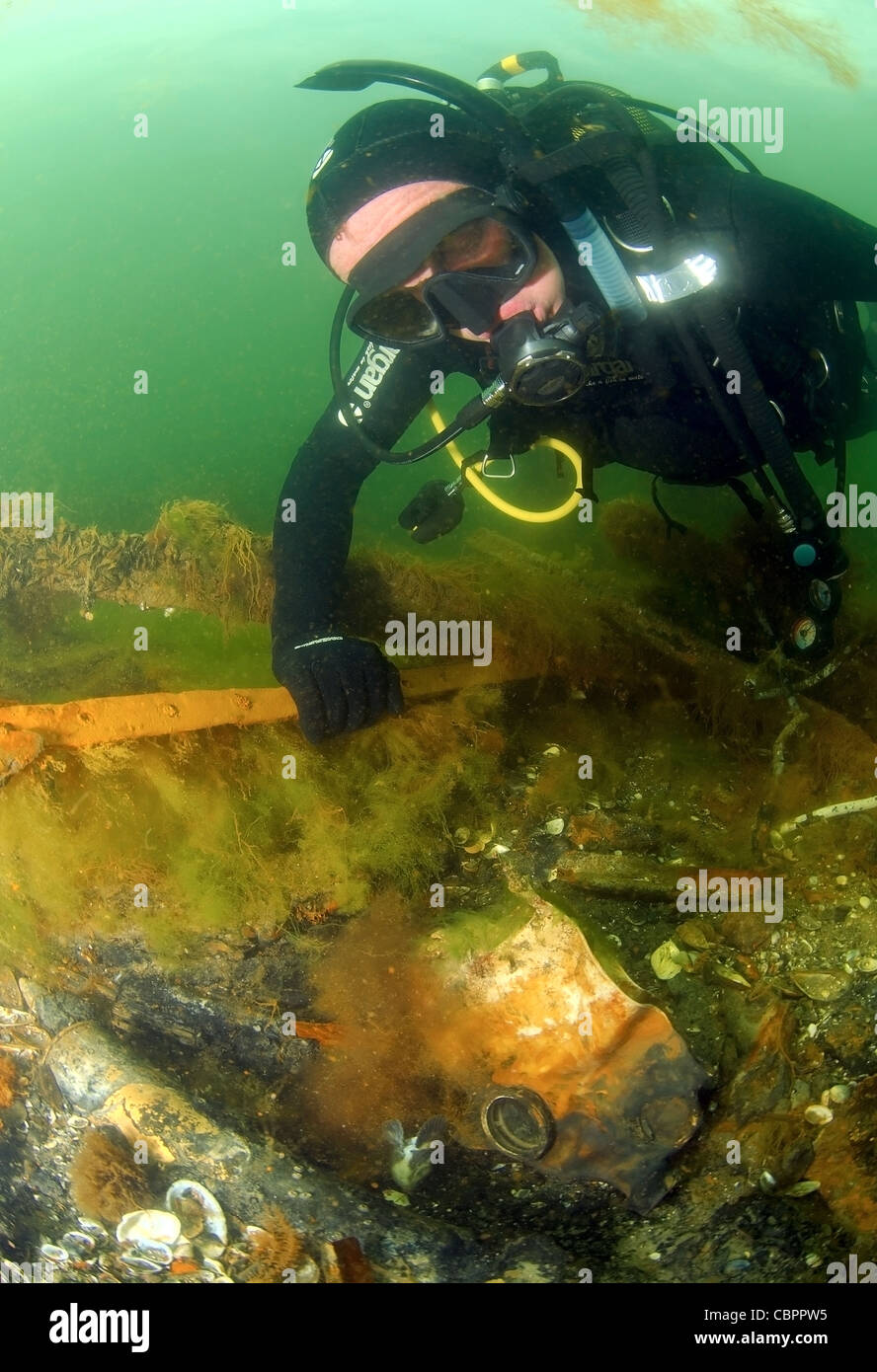 Underwater wreck - mine trawler 'Collective farmer', submerged on the Black sea in Ukraine. Stock Photo