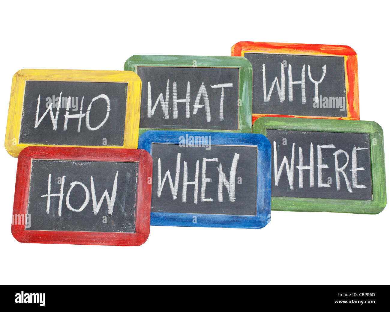 brainstorming questions - what, when, where, why, how, who - white ...