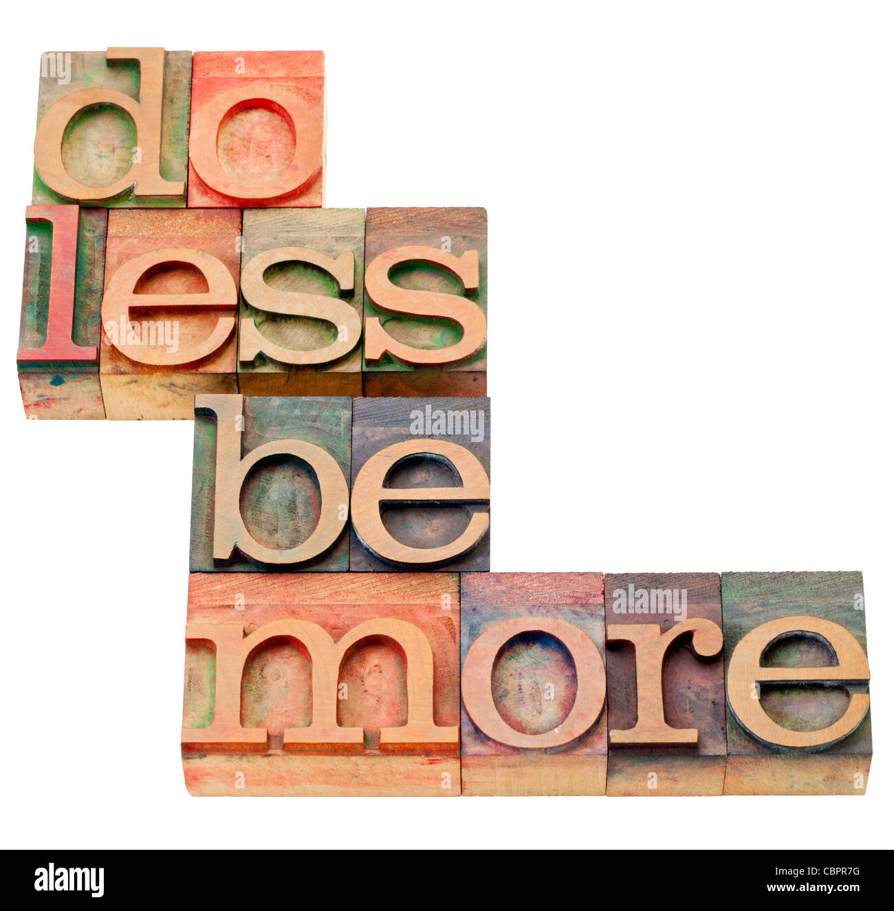 do less be more motivation - isolated text in vintage wood letterpress printing blocks Stock Photo