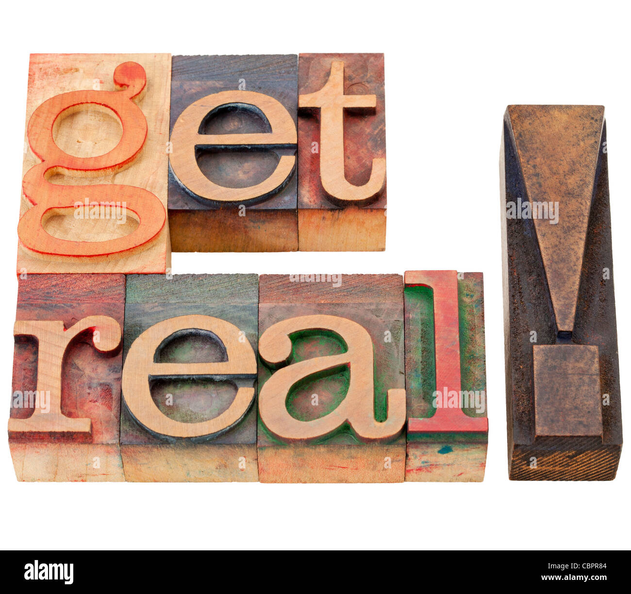 get real suggestion or request - isolated text in vintage wood letterpress printing blocks Stock Photo