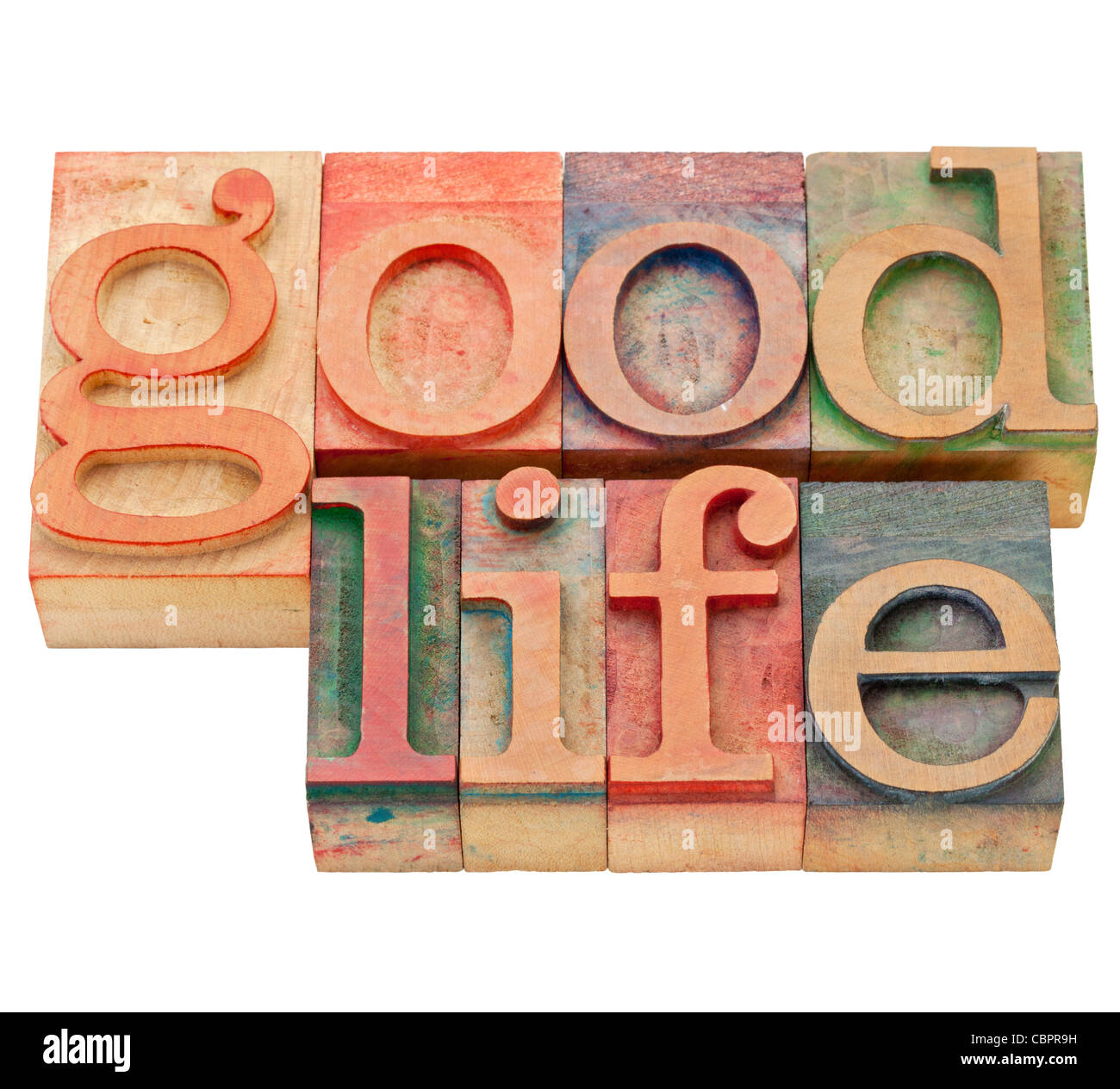 good life - isolated text in vintage wood letterpress printing blocks ...