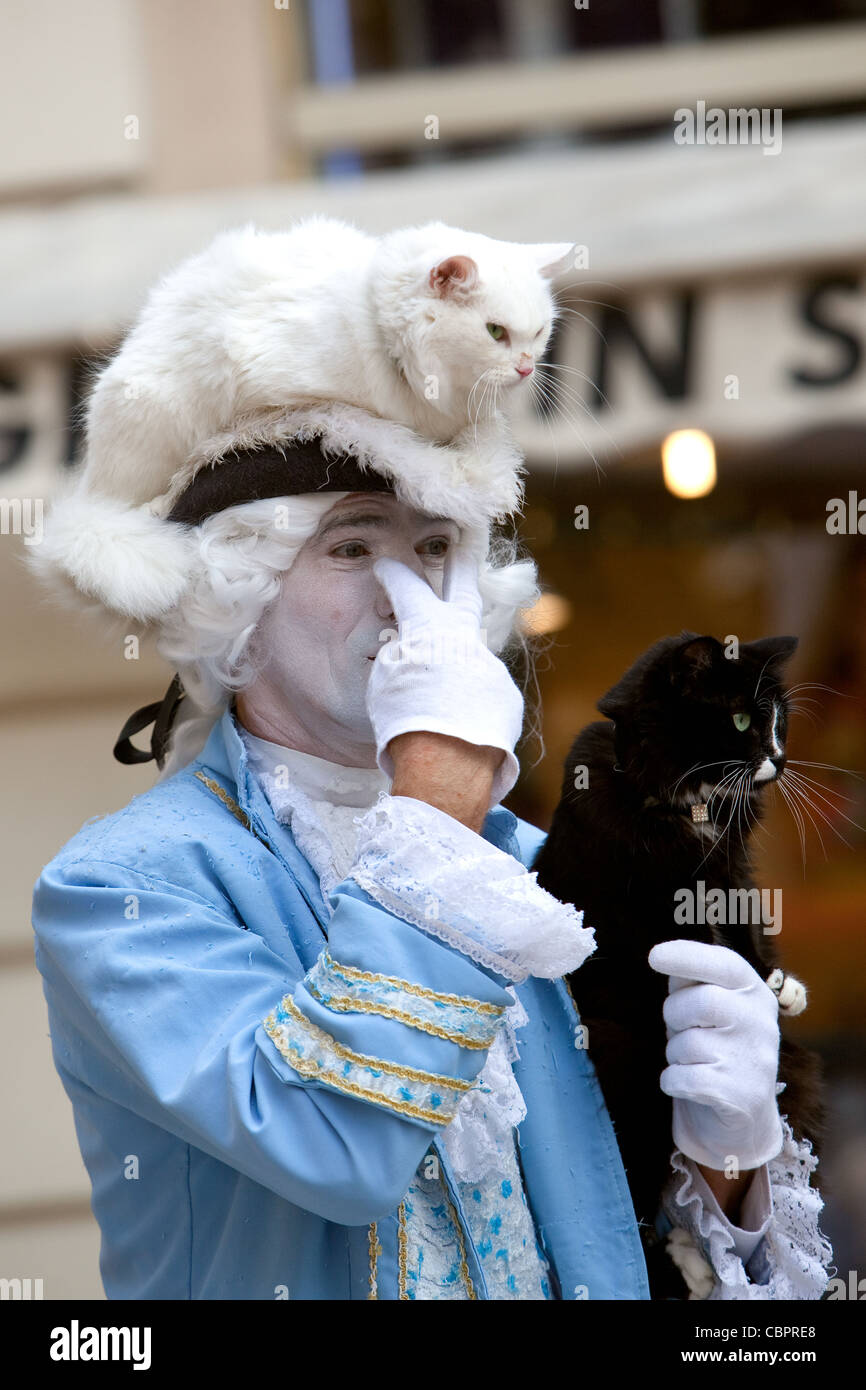 Dressed street entertainer and his two cats performing in Market place ...