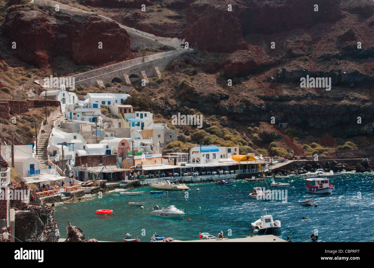 Fishing village at bottom of Oia in Santorini in Greek Islands  Stock Photo