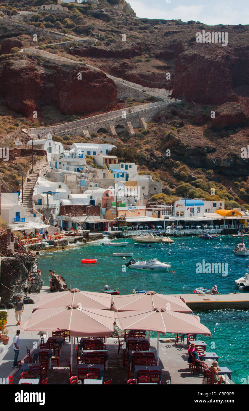 Fishing village at bottom of Oia in Santorini in Greek Islands  Stock Photo