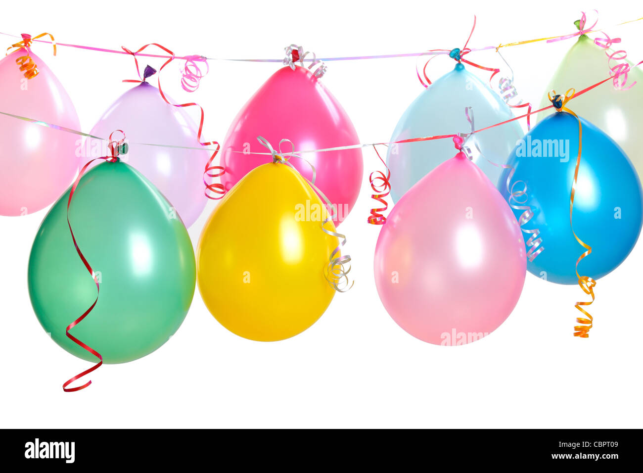 Hanging balloons isolated on white. Stock Photo