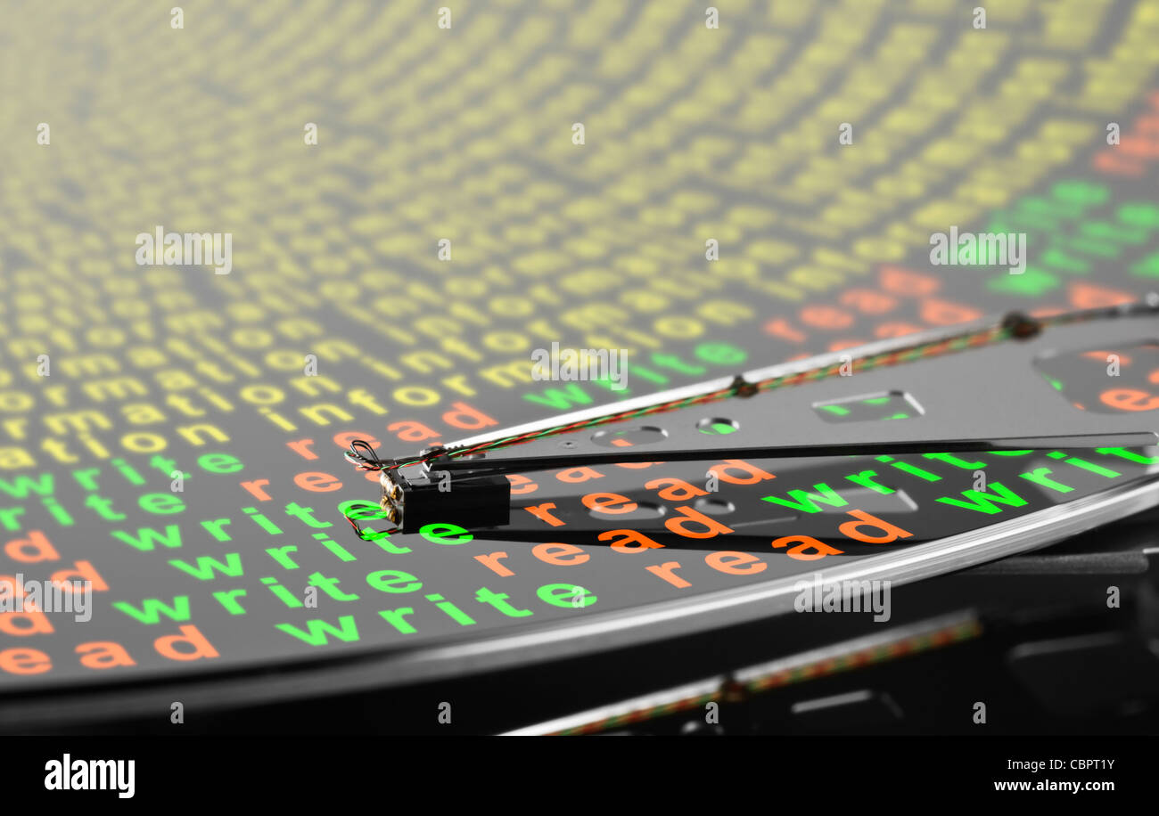 detail shot of a hard disk platter with actuator arm and symbolic read and write data processing
