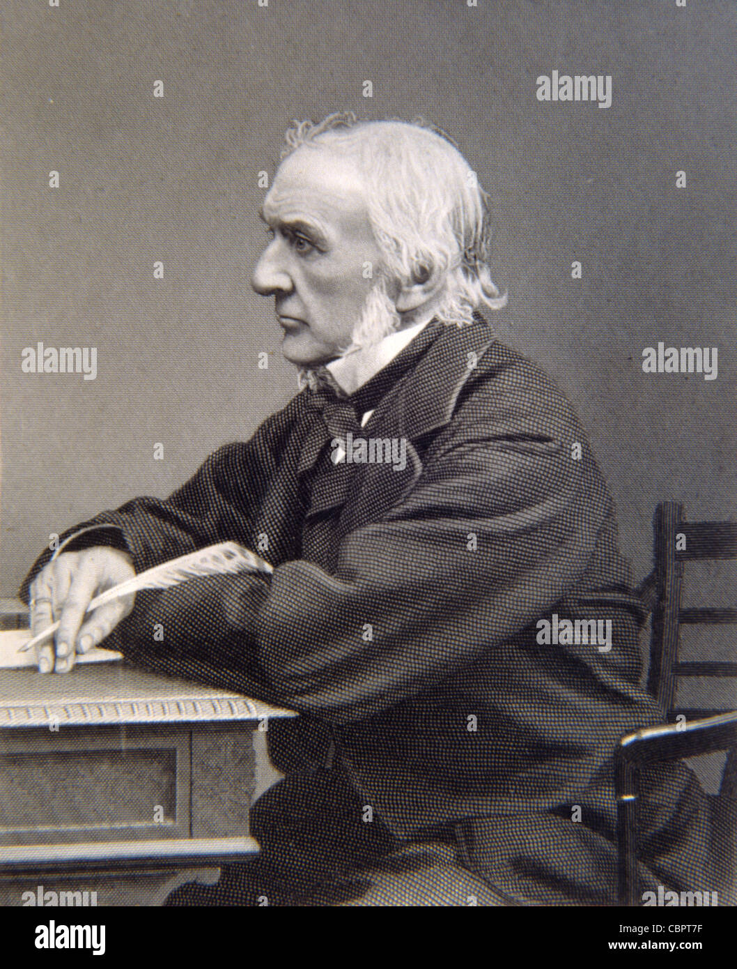 Portrait of William Ewart Gladstone (1809-1898) writing at Desk. British Prime Minister 1868-74, 1880-1885, 1886, 1892-94. c19th Engraving or Vintage Illustration Stock Photo