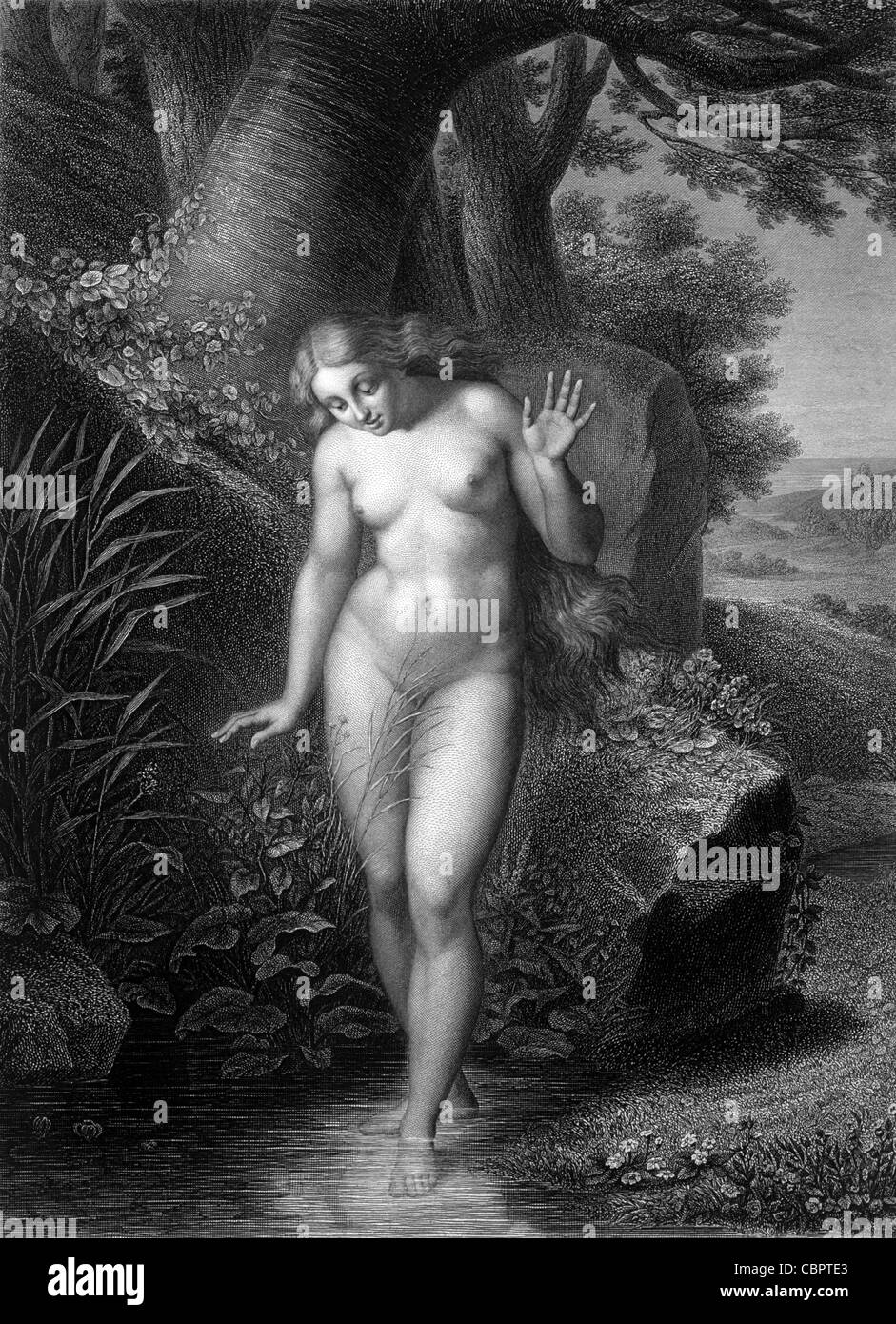 Eve Observes Her Reflection in a Lake, John Milton's Paradise Lost. c19th Engraving by Gustave Doré Stock Photo