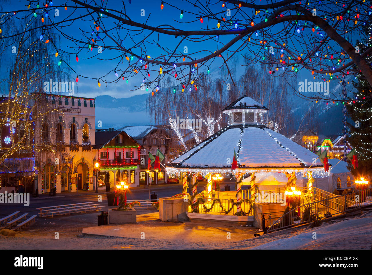 Christmas lights in the western Washington town of Leavenworth Stock Photo
