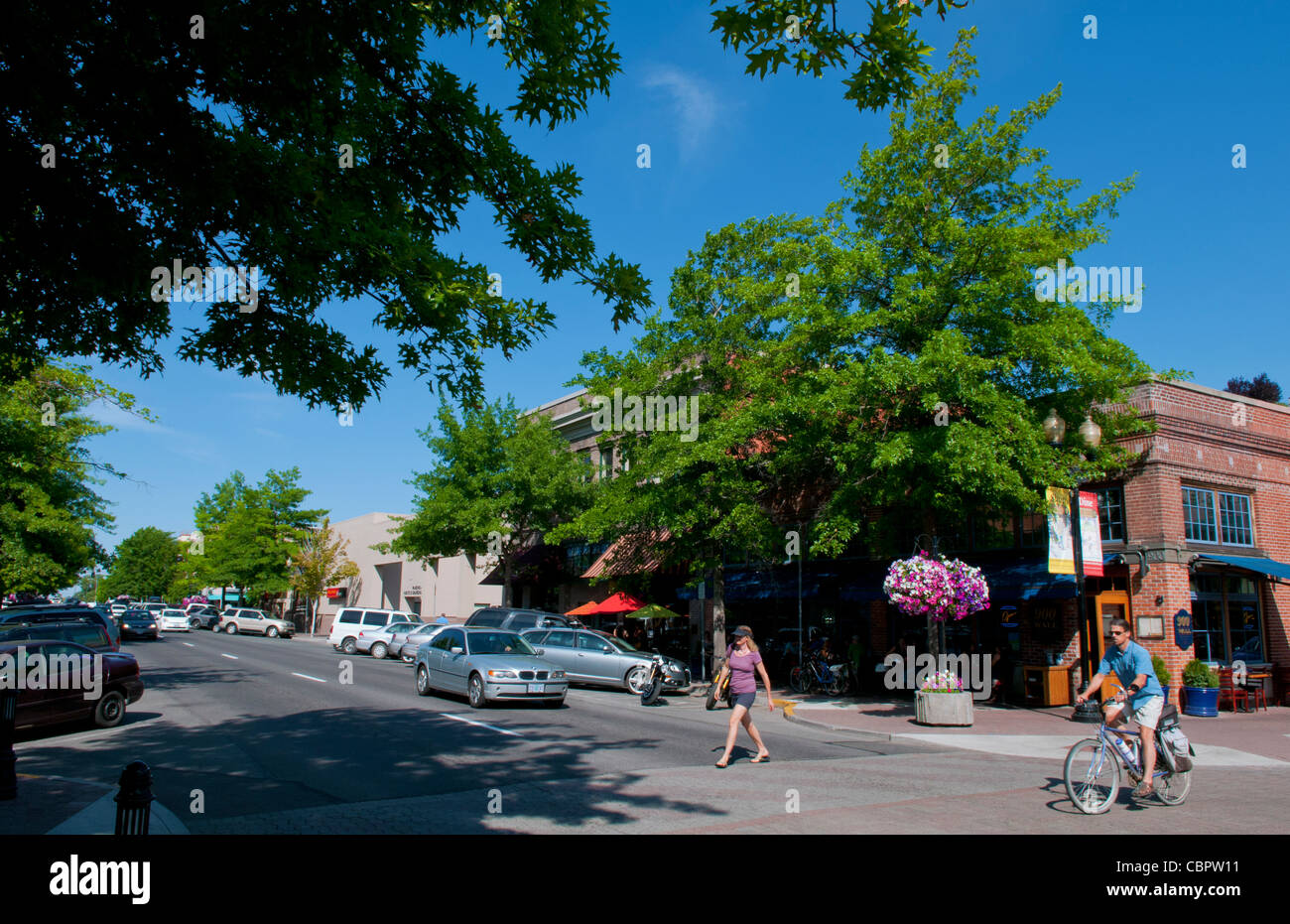 Bend, Oregon downtown city center on Bond Street with cafes and Wall