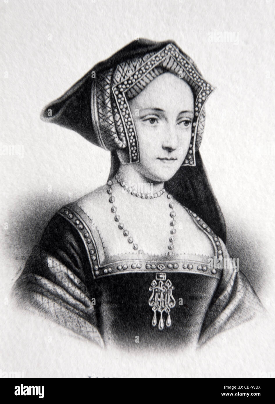 Portrait of Jane Seymour, Queen Consort of England (1536-1537) as Third Wife of King Henry VIII. Vintage Illustration or Engraving Stock Photo