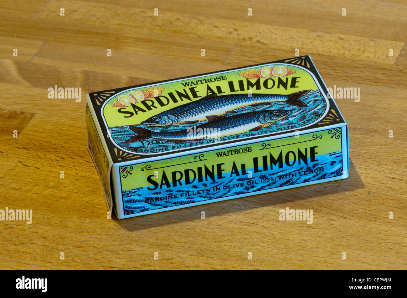 An unopened tin of Waitrose Sardine Al Limone - sardine fillets in olive oil with lemon. Stock Photo