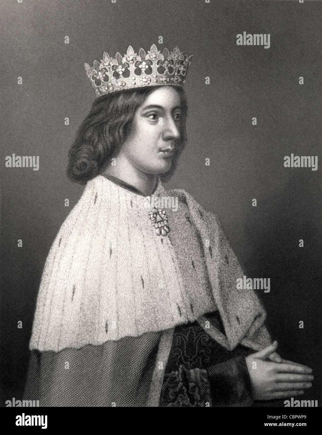 Portrait of King James III (1451-1488) King of Scotland (1460-1488) c19th Engraving by G. J. Stodart. Portrait Wearing Crown. Vintage Illustration or Engraving Stock Photo