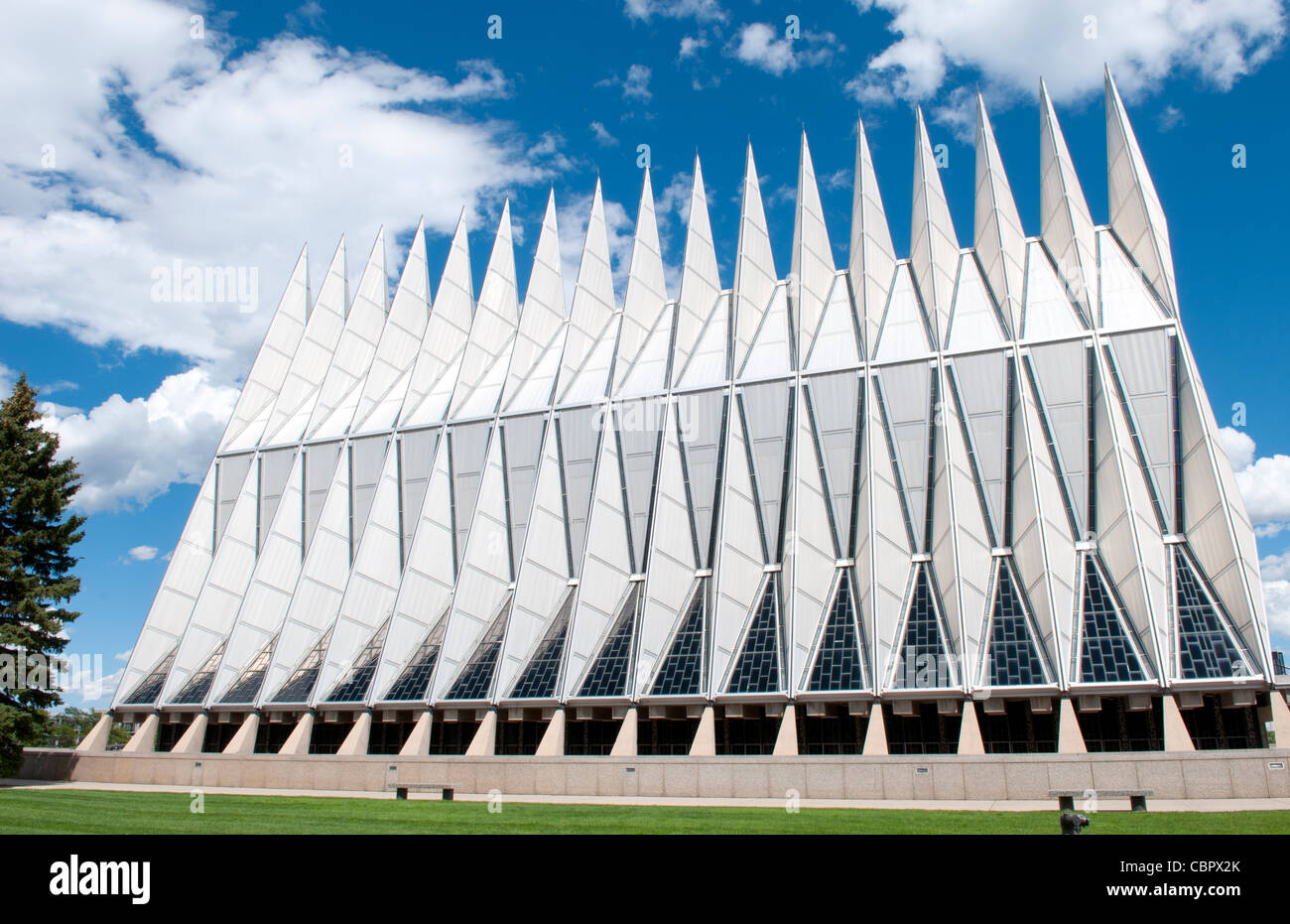 Colorado Springs Colorado Air Force Academy famous Chapel Church exterior with peaks  Stock Photo