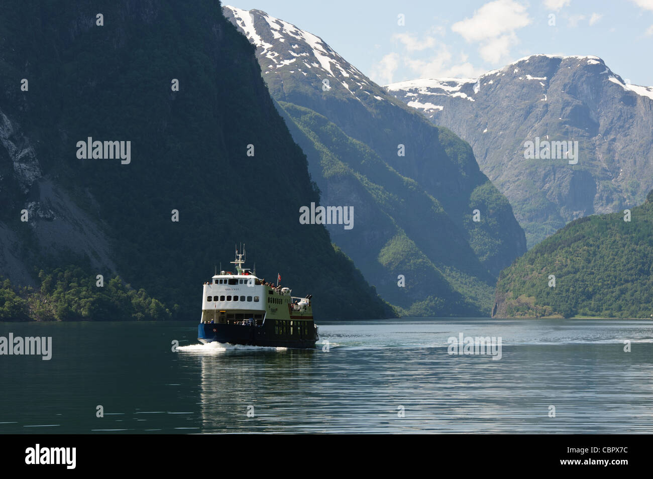 Ferry sailing in Nærøyfjord UNESCO World Heritage Area, Sogn Og Fjordane, Norway. Stock Photo