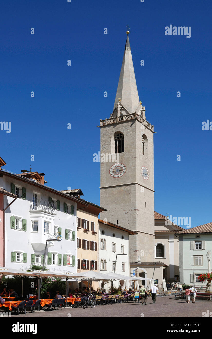 Tower of the parish church of Kaltern at the South Tyrolean wine route. Stock Photo