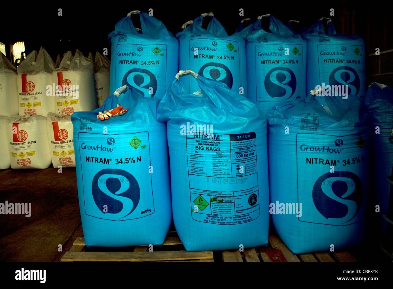 Blue Nitram Fertiliser Bags In A Barn Stock Photo Alamy