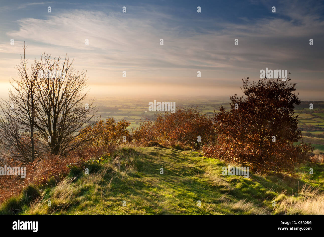 Sutton Bank looking towards the Vale of Mowbray at sunset in late autumn Stock Photo