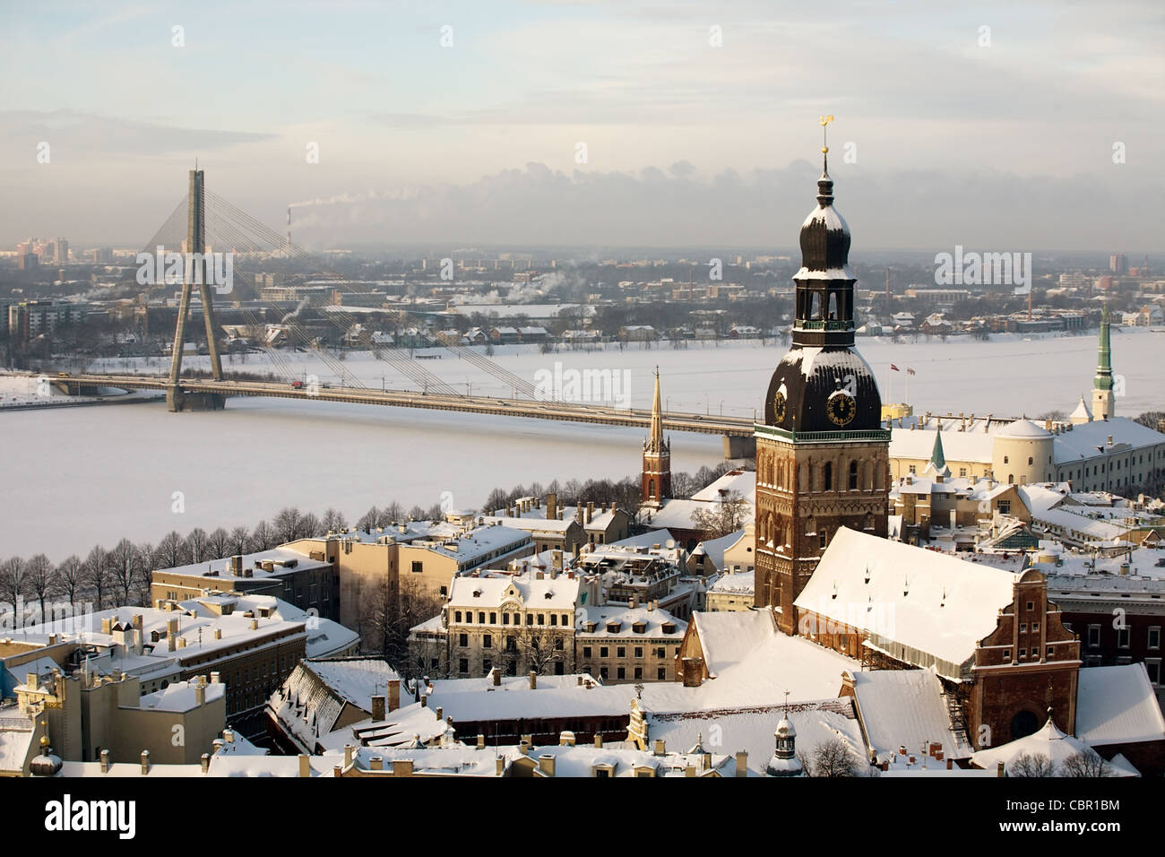 Scenic Riga beautiful winter aerial panorama of Riga town with big cable bridge ...