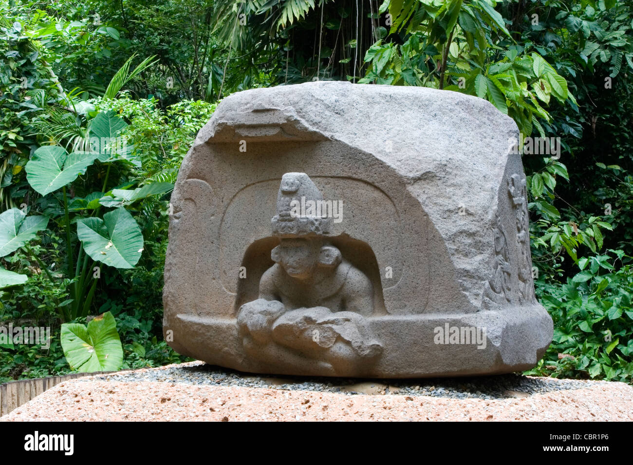 Olmec sculpture from the La Venta Ruin Site displayed at the Parque Museo de La Venta in Villahermosa, Tabasco State, Mexico, Stock Photo