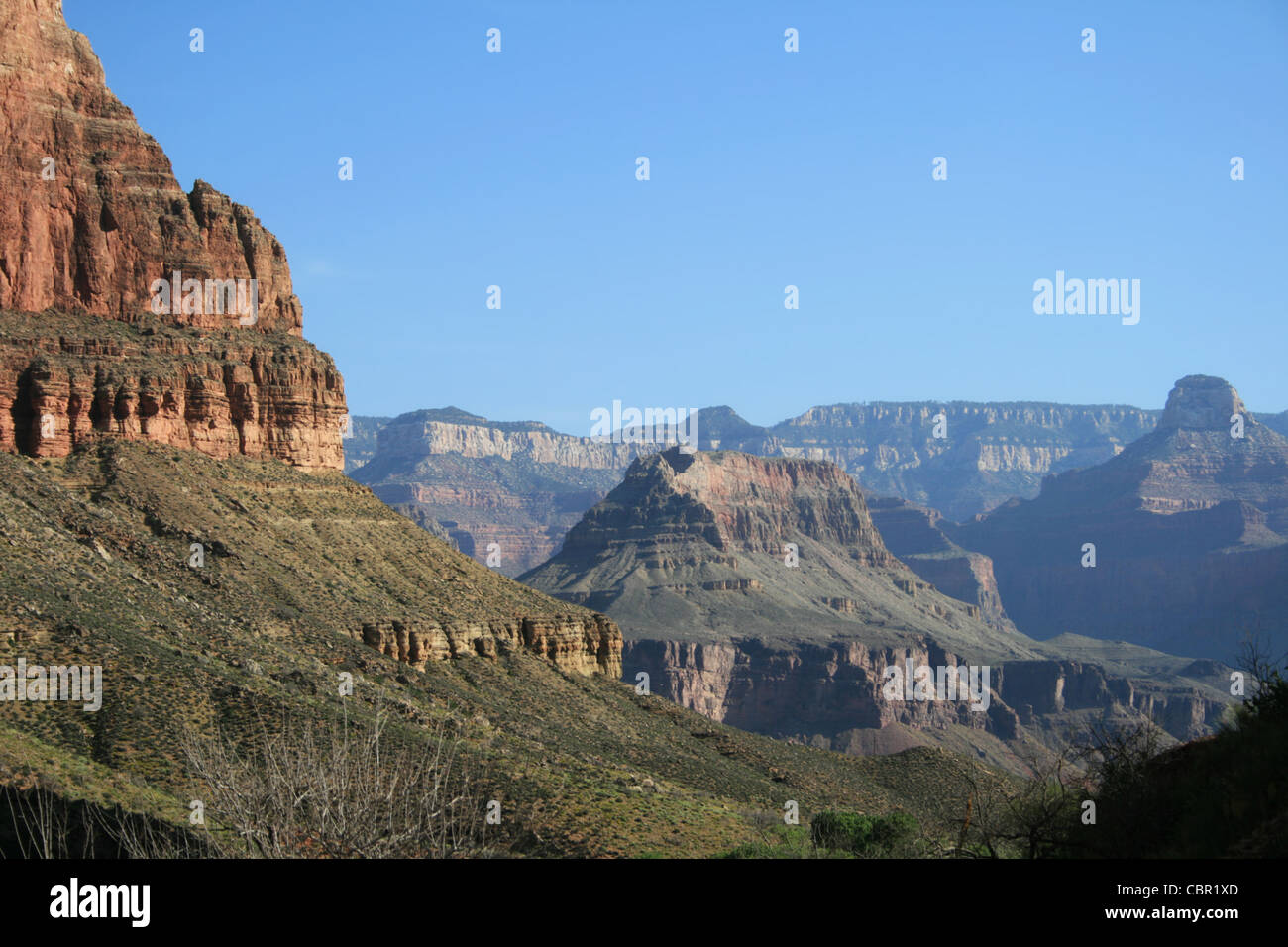 view of buttes and cliffs from the Bright Angel Trail in the Grand Canyon Stock Photo