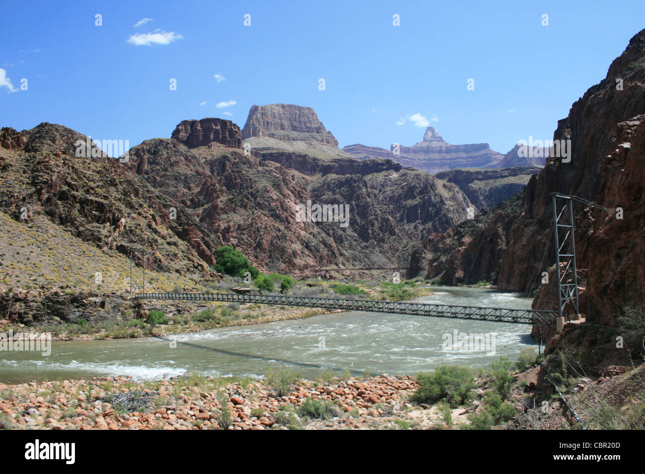 silver bridge across the Colorado River at the bottom of the Grand Canyon, Arizona Stock Photo