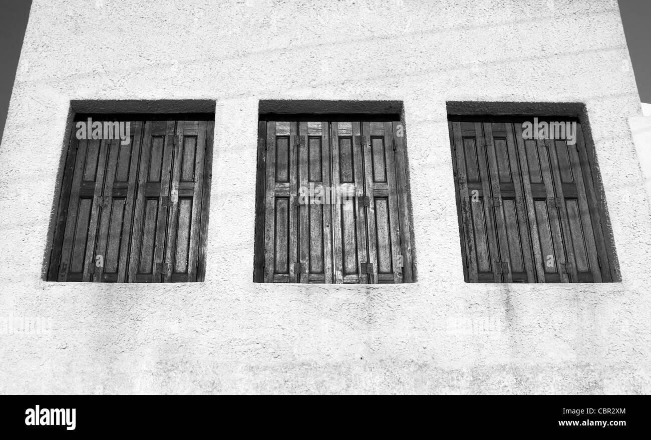 Three wooden window shutters, Fira (Thira), Santorini, Greece Stock