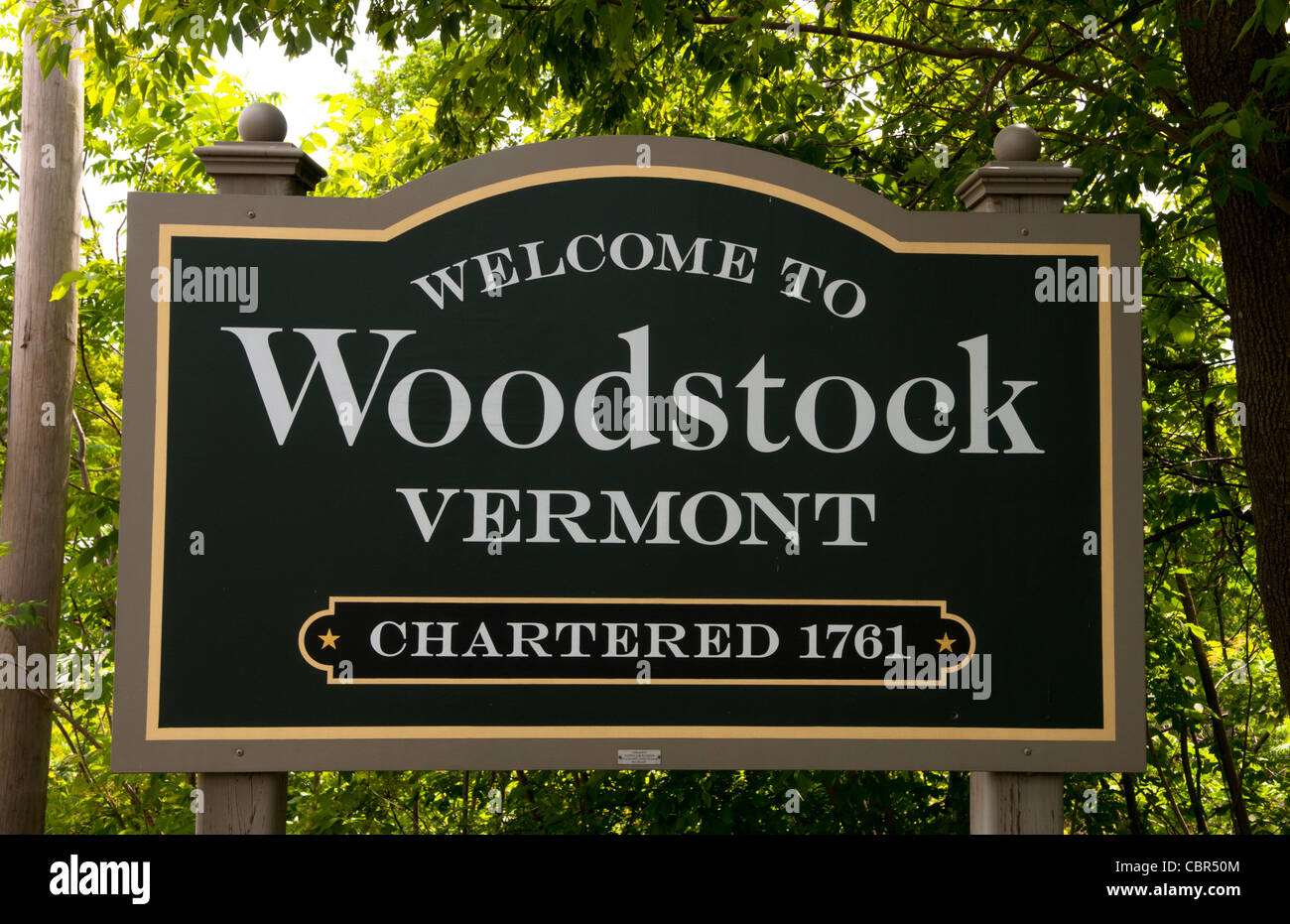 Sign for quaint town village of Woodstock Vermont in New England
