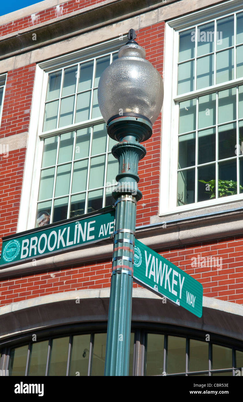 Famous historical Fenway Park in Boston Mass sign of Brookline and Yawkey Street of the Boston Red Sox Stock Photo