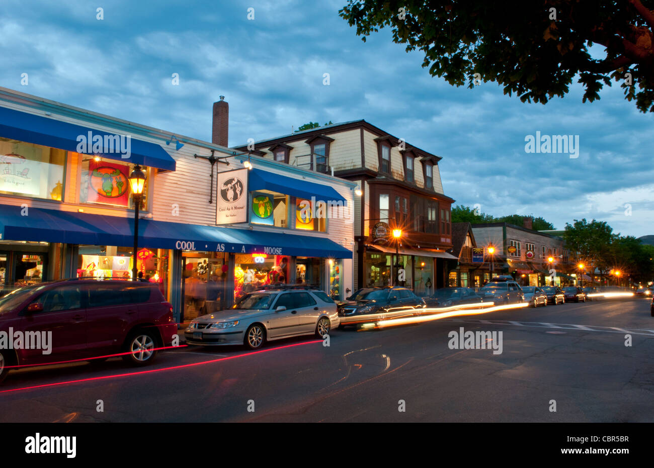 Main Street scenes with great sky in Bar Harbor Maine at night exposure holiday vacation Stock Photo