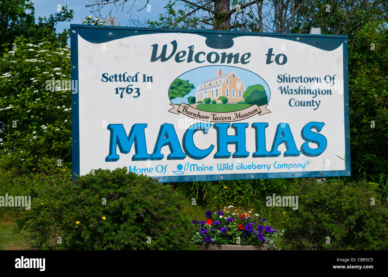 Sign for Machias Maine formed in 1763 Stock Photo Alamy