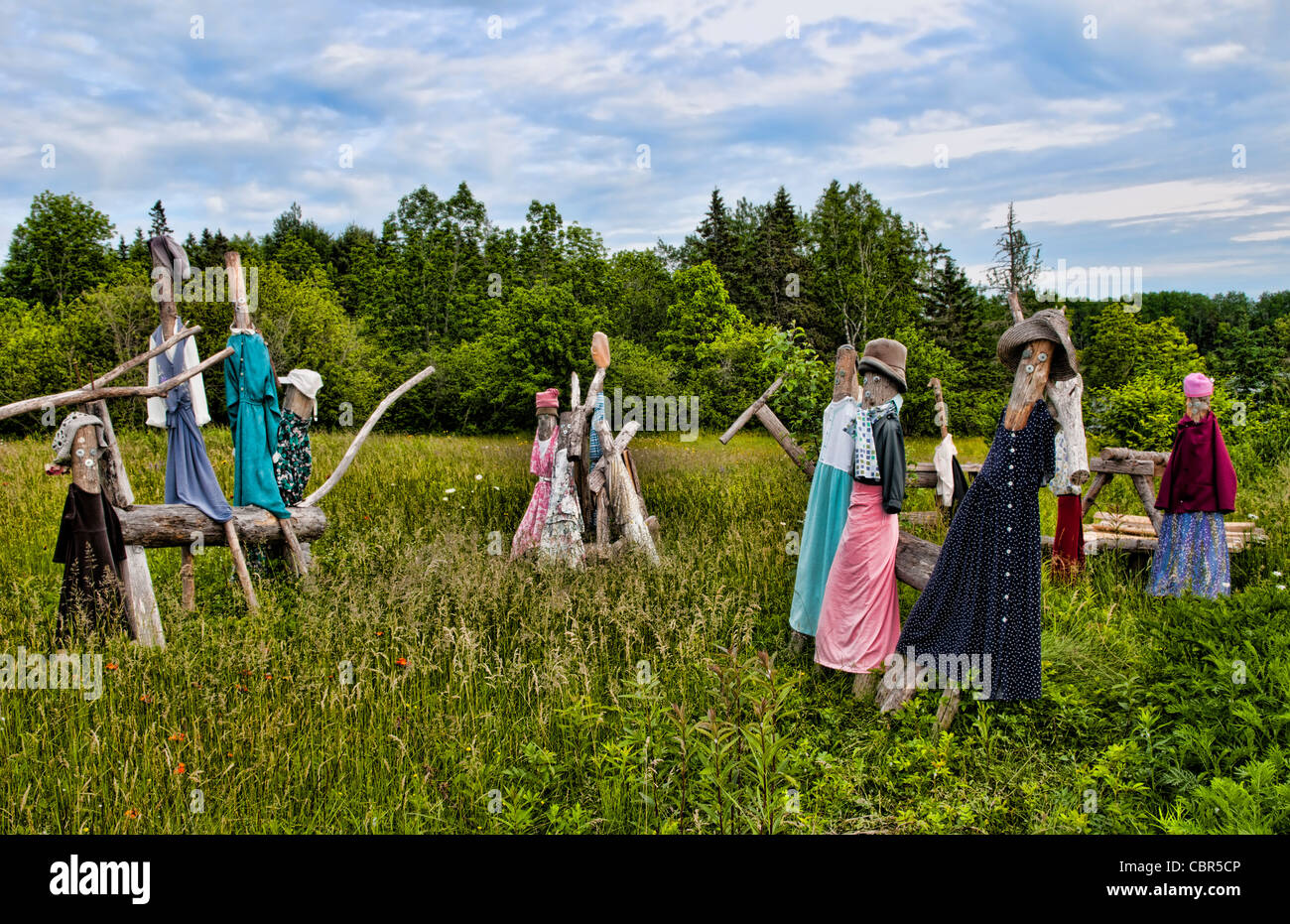 Eastport Maine on border of Canada and Maine with bright colors scarecrows for gardens  Stock Photo