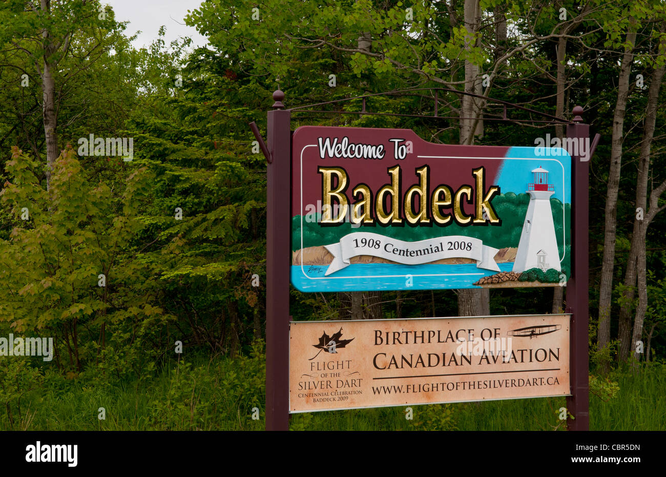 Baddeck Nova Scotia Canada welcome sign home of Aviation in Canada Stock Photo