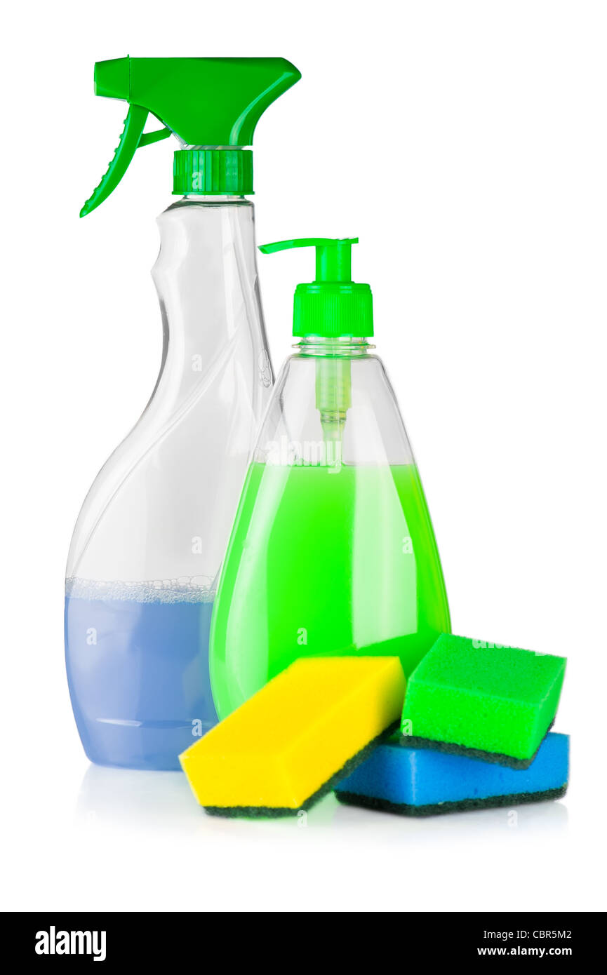 House cleaning supplies. Plastic bottles with detergent and sponge