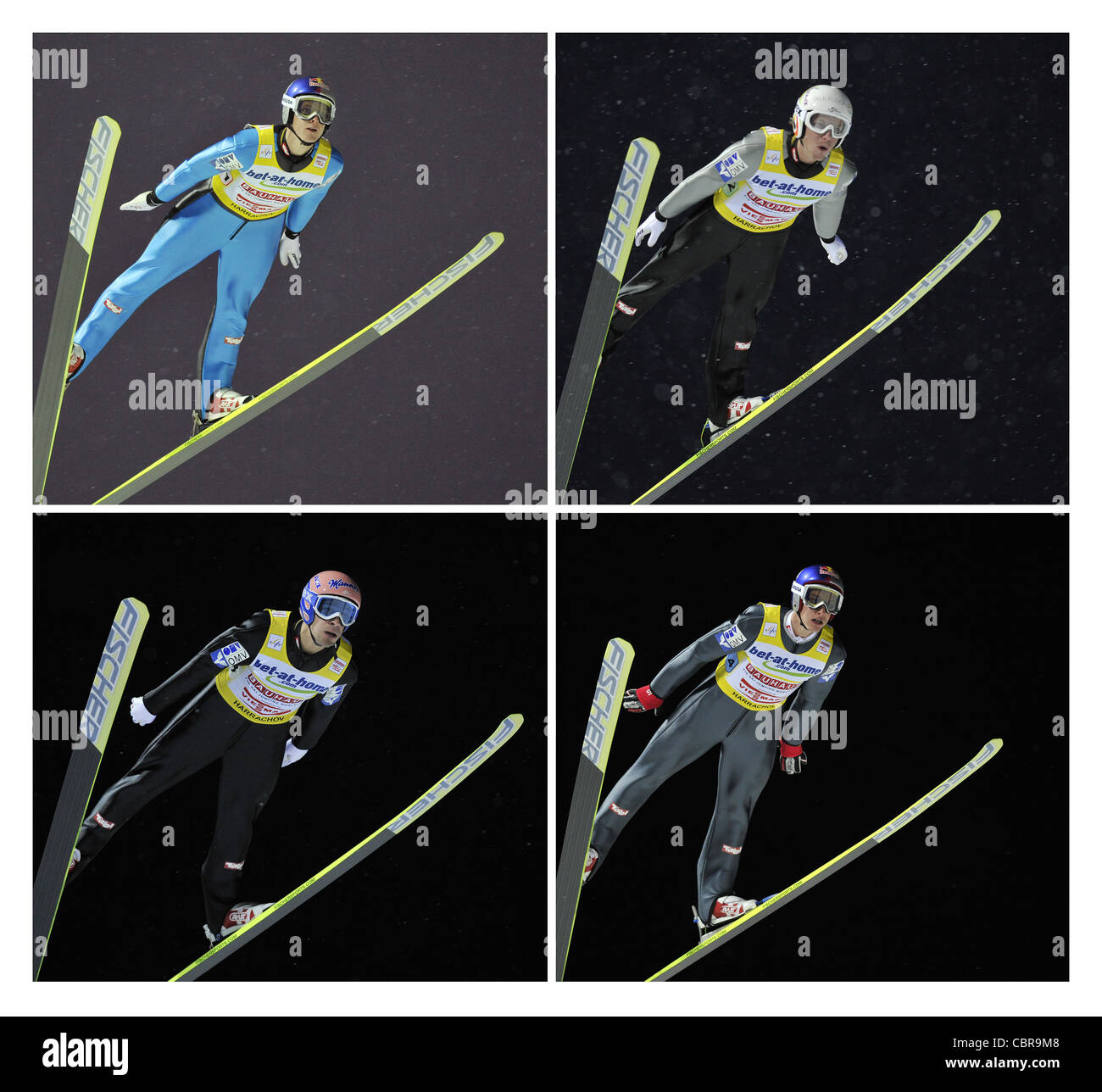 Ski jumpers of the second placed Team of Austria (from left to right above) Thomas Morgenstern, David Zauner, (from left to Stock Photo