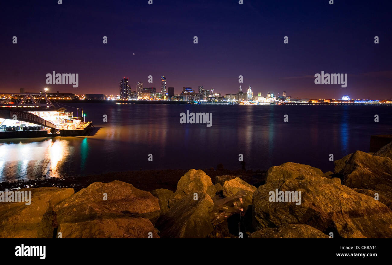 Liverpool waterfront and from The Wirral (Seacombe ferry terminal) with view of the River Mersey, UK Stock Photo