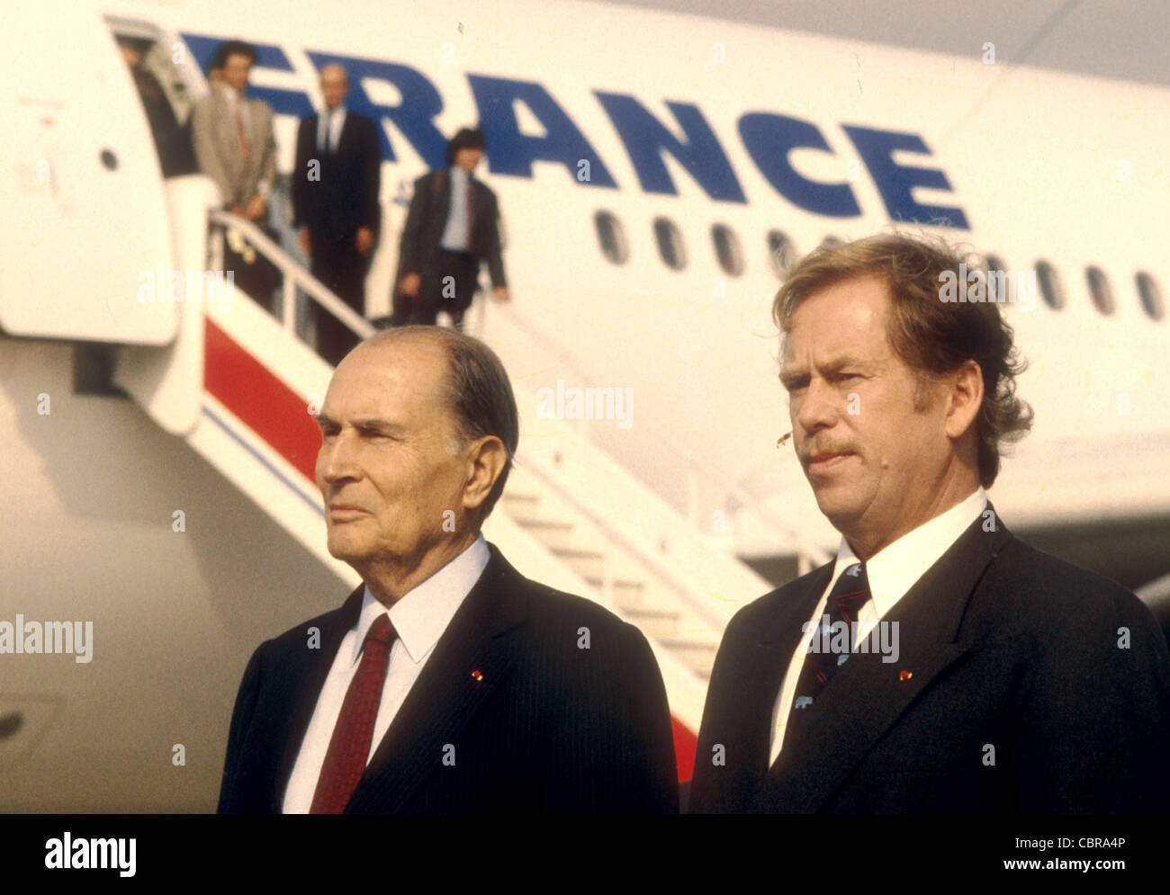 Czechoslovak President Vaclav Havel,right, and French President Francois Mitterrand at PragueÂ´s Ruzyne airport on Stock Photo