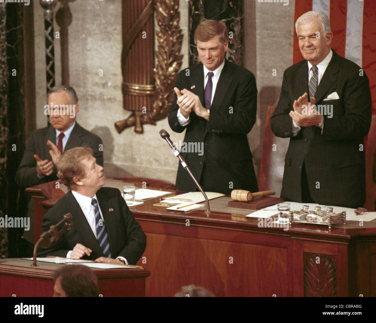 U.S. Vice-President Dan Quayle, second from right, and Speaker of the House Thomas Foley, right, applaud as Czechoslovak Stock Photo