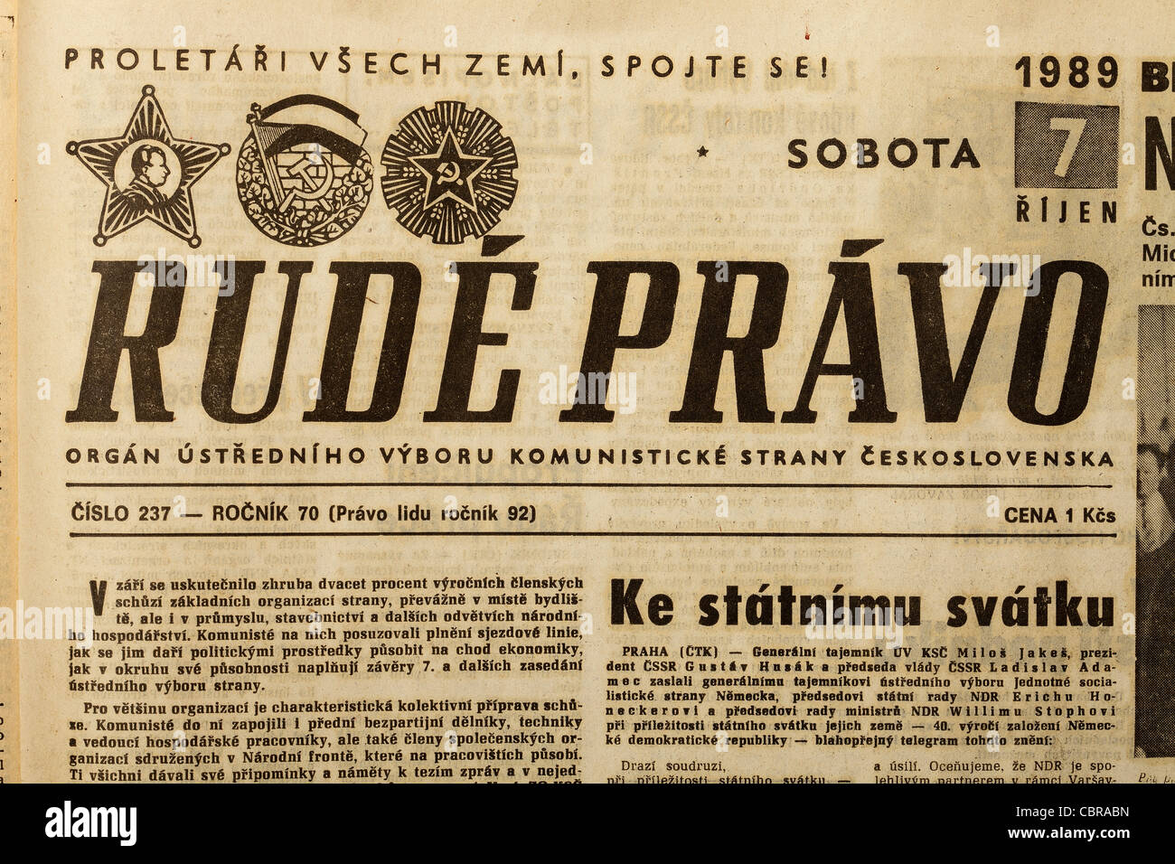 Front page communist daily newspaper Rude pravo. Prank birthday wish to Ferdinand Vanek, who in fact was dissident Vaclav Stock Photo