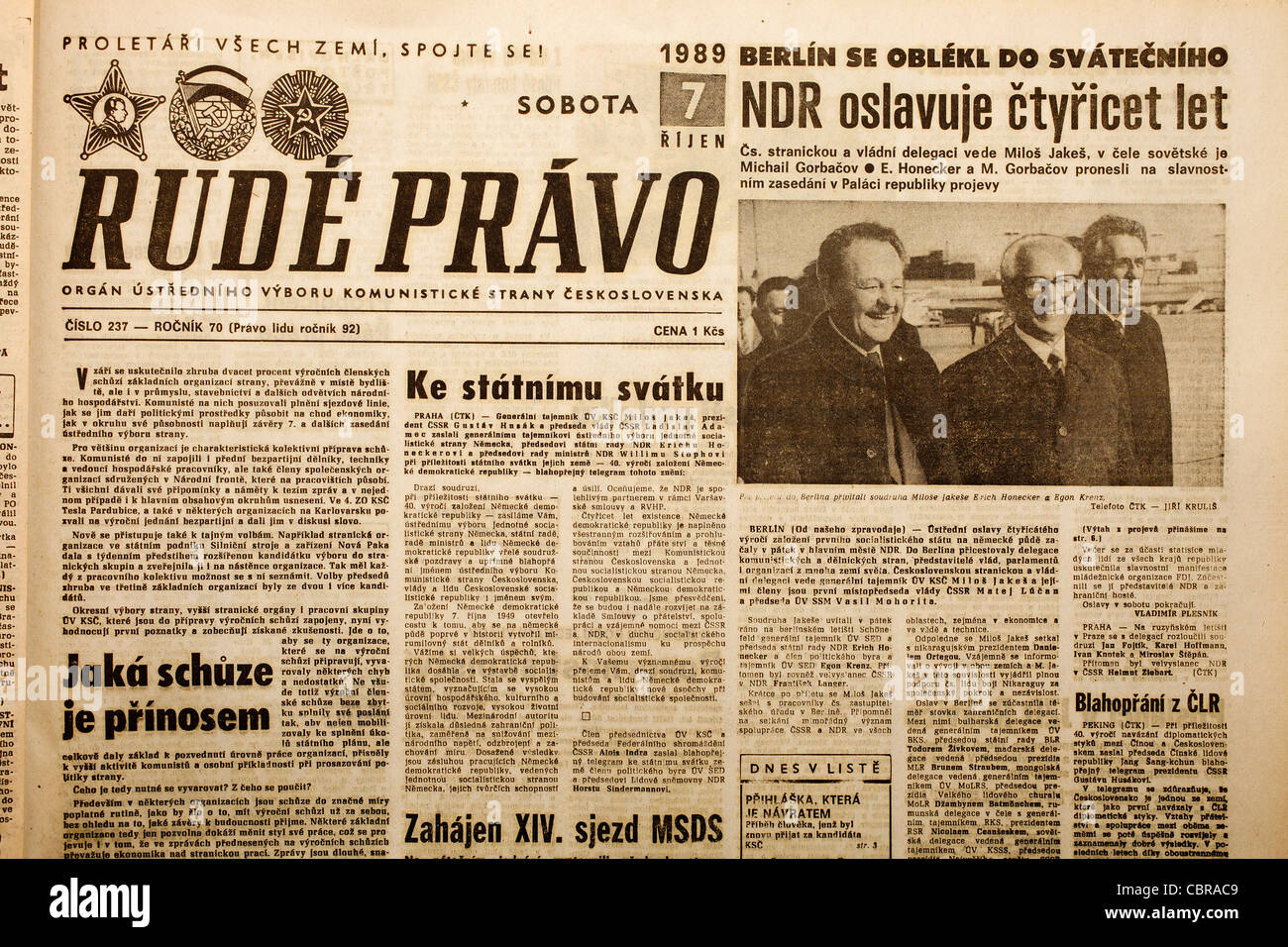 Front page communist daily newspaper Rude pravo. Prank birthday wish to  Ferdinand Vanek, who in fact was dissident Vaclav Stock Photo - Alamy